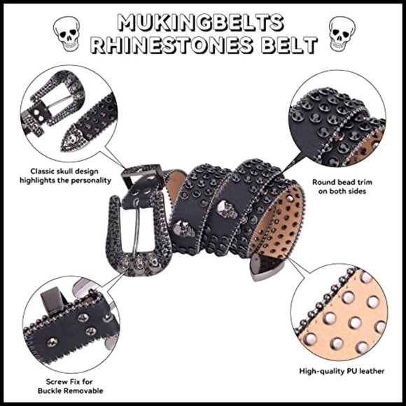 Rhinestone Studded Skull Belt Western Luxury Fashion Cowboy Bling Strap main image 6